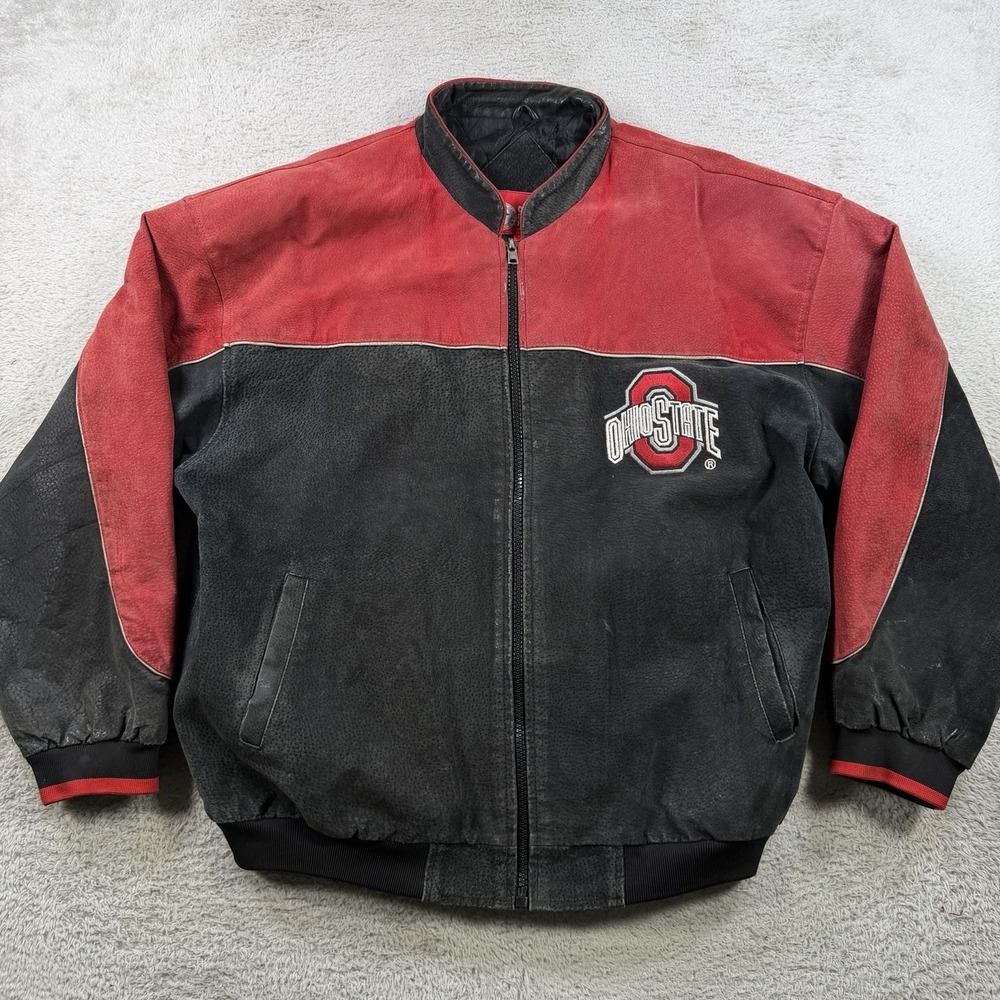 Vintage Ohio State Buckeyes Jacket Mens Large Black Red Leather Full Zip Lined